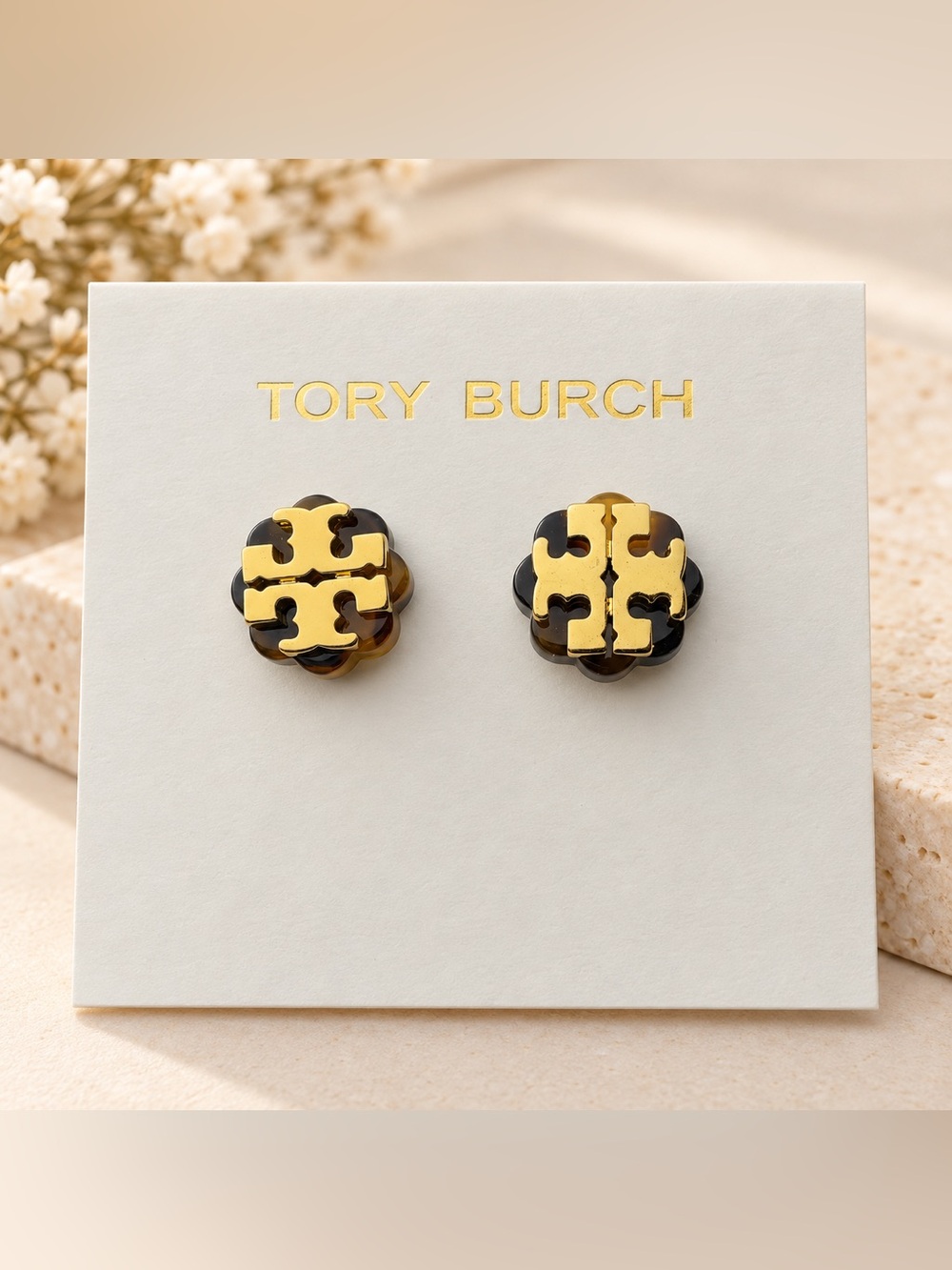 Tory Burch Gold and Tortoiseshell Logo Stud Earrings